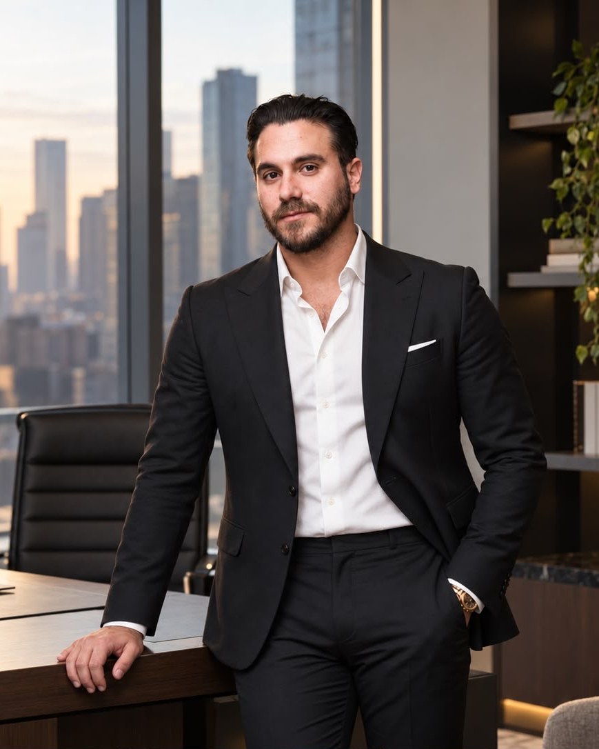 David Oiaknin standing beside a desk in an office overlooking a city skyline